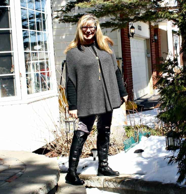 grey cape from Forever 21, paired with velvet jeans and my OTK Boots. The necklace was my grandmothers.