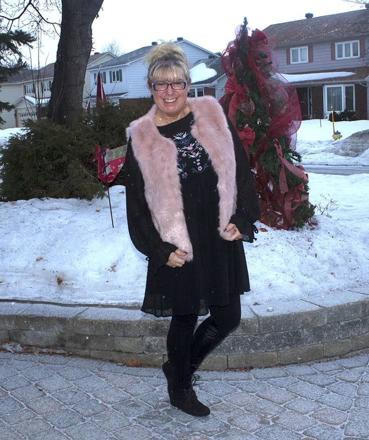 a fun pink fur vest and an embroidered smock dress from Target. With Svelte Shapewear